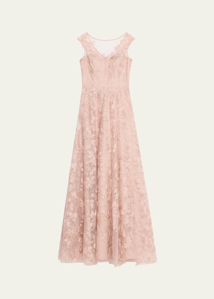 sleeveless embroidered floral applique gown