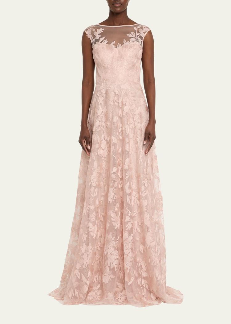 sleeveless embroidered floral applique gown