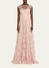 sleeveless embroidered floral applique gown