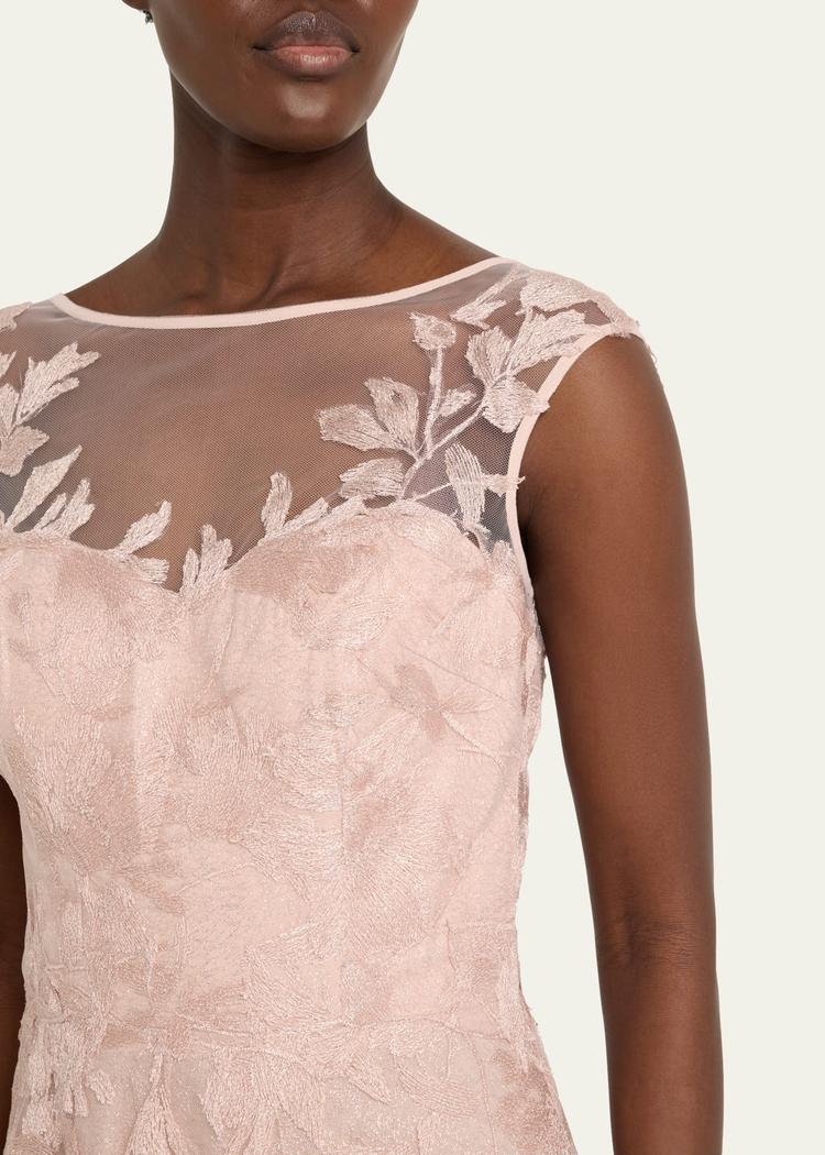 sleeveless embroidered floral applique gown