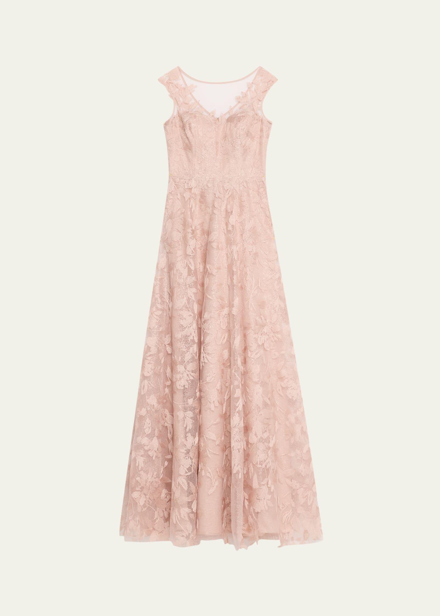 sleeveless embroidered floral applique gown