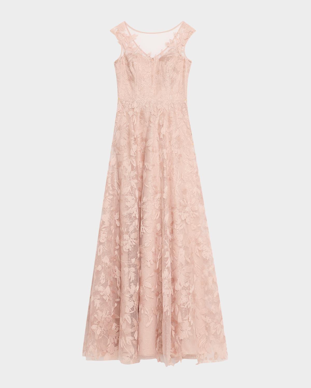 sleeveless embroidered floral applique gown