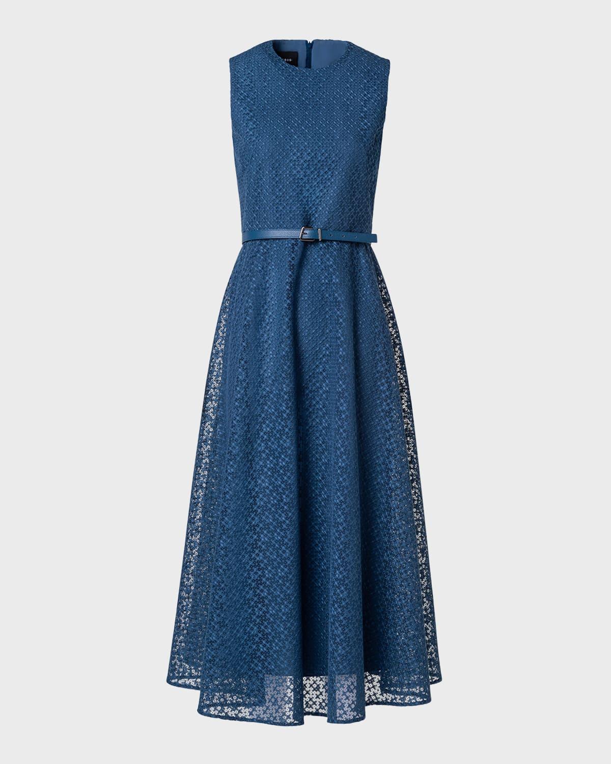 sleeveless embroidered lace belted midi dress