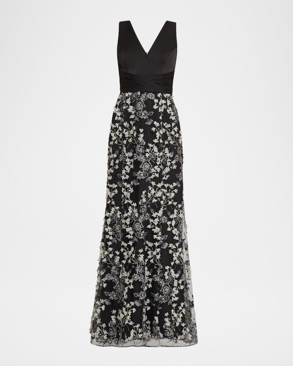 sleeveless floral-embroidered gown