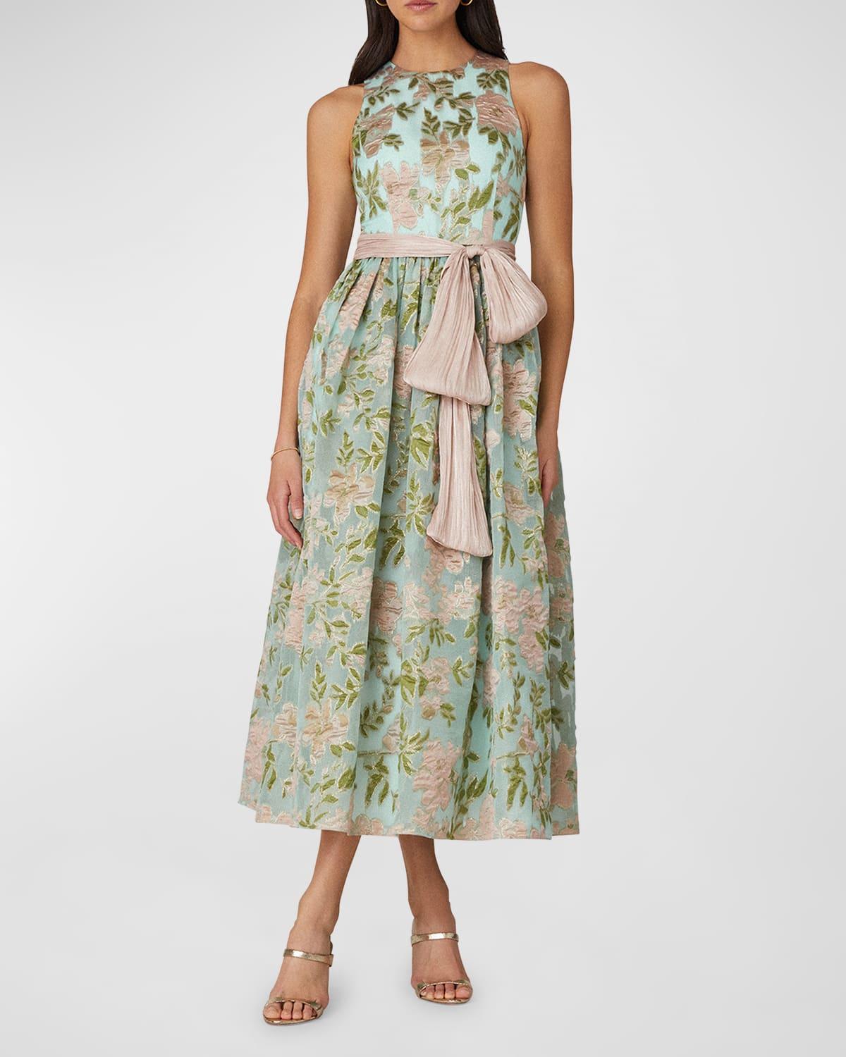 sleeveless floral jacquard midi dress