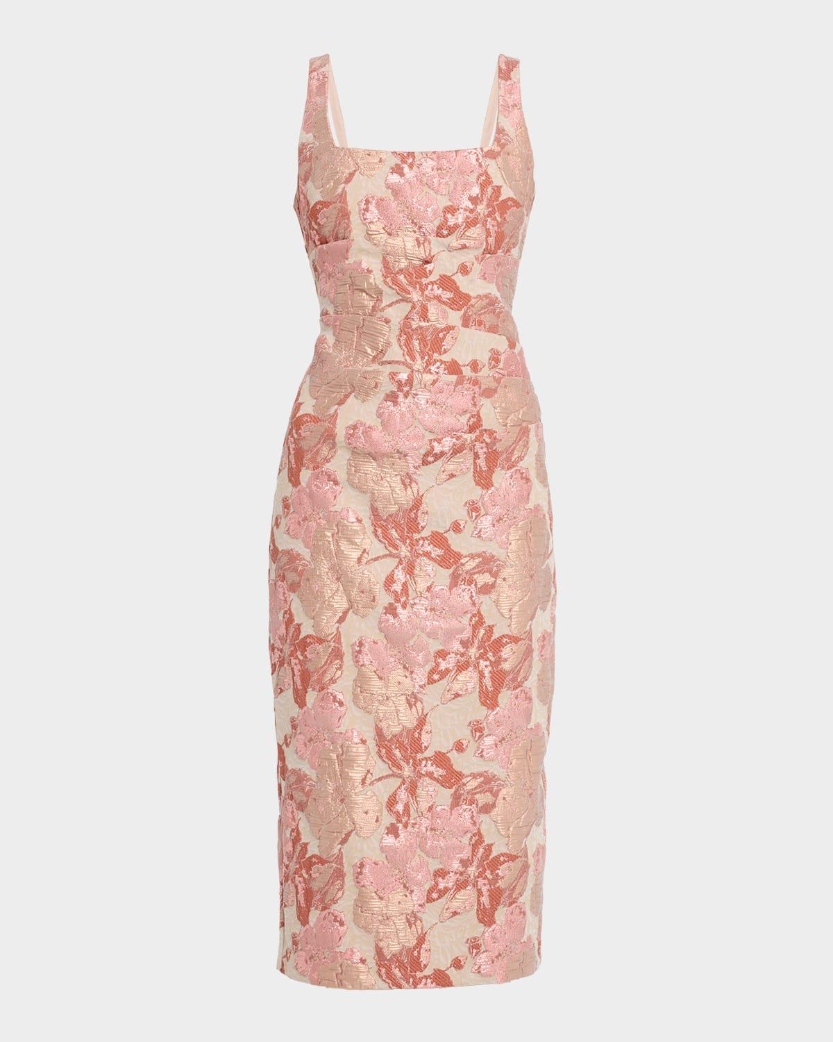 sleeveless floral stretch jacquard midi dress