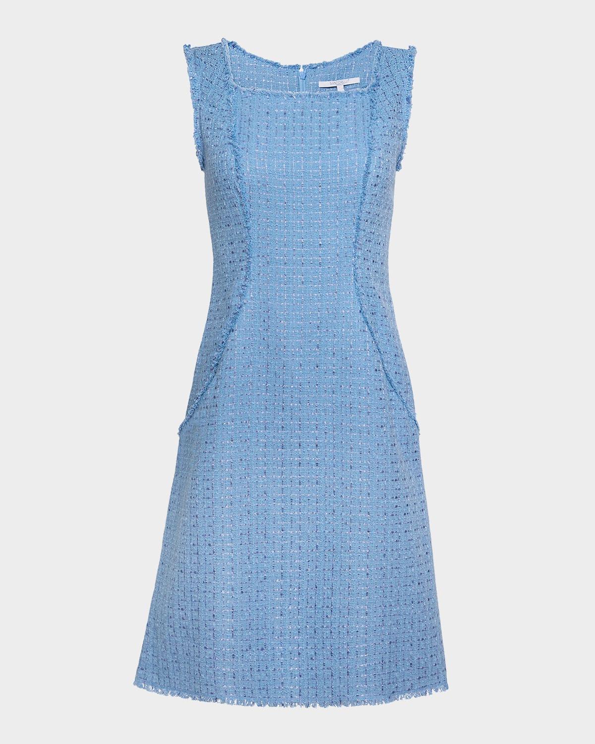 sleeveless fringe-trim shimmer tweed dress