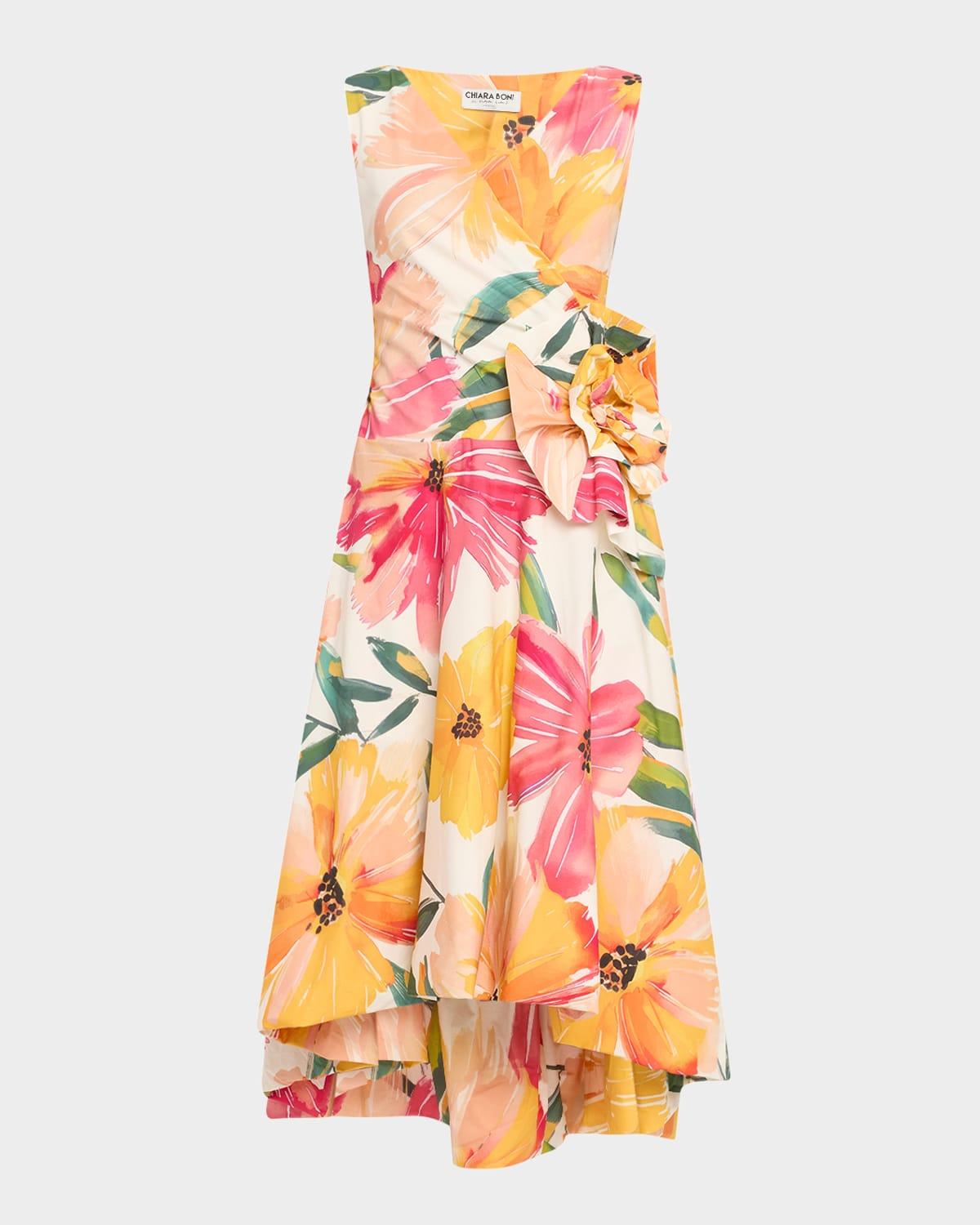 sleeveless high-low rosette midi dress