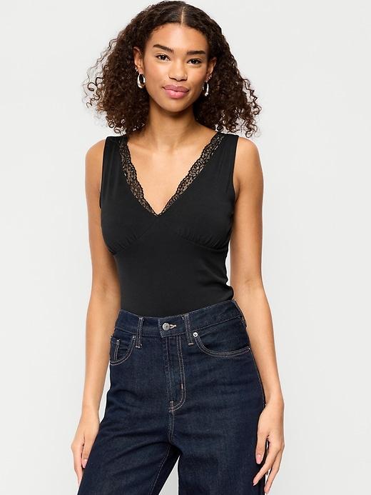 sleeveless lace-trim v-neck ribbed top