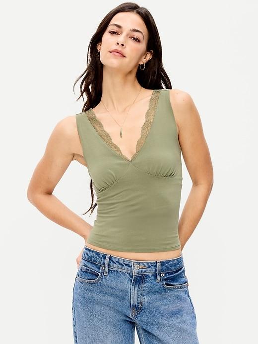 sleeveless lace-trim v-neck ribbed top