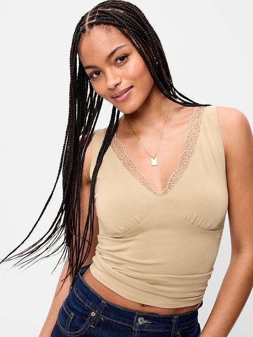 sleeveless lace-trim v-neck ribbed top