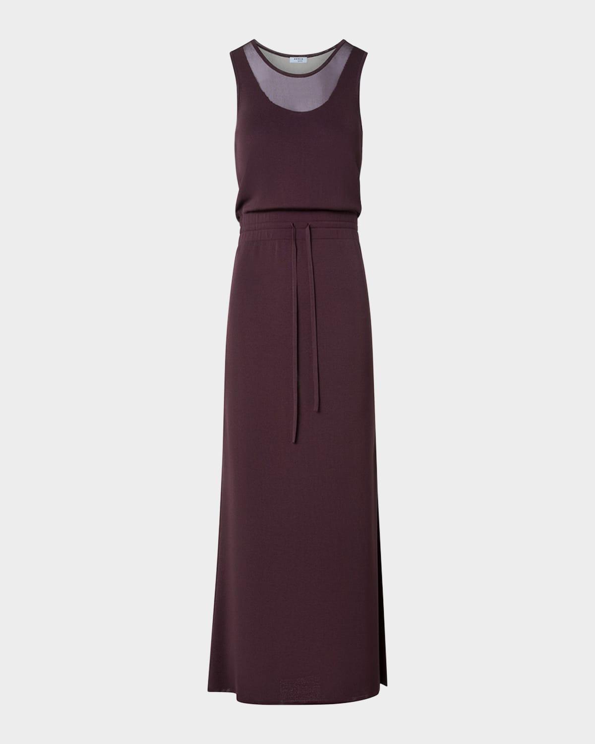 sleeveless layered sheer viscose knit drawstring midi dress