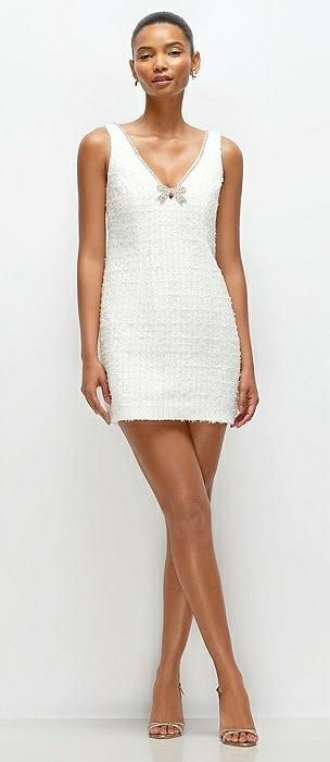 sleeveless luxe bridal tweed mini sheath dress with rhinestone trim