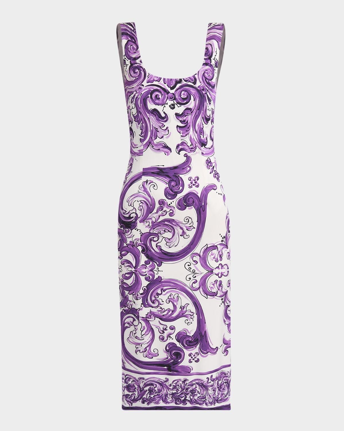 sleeveless majolica-print charmeuse midi dress