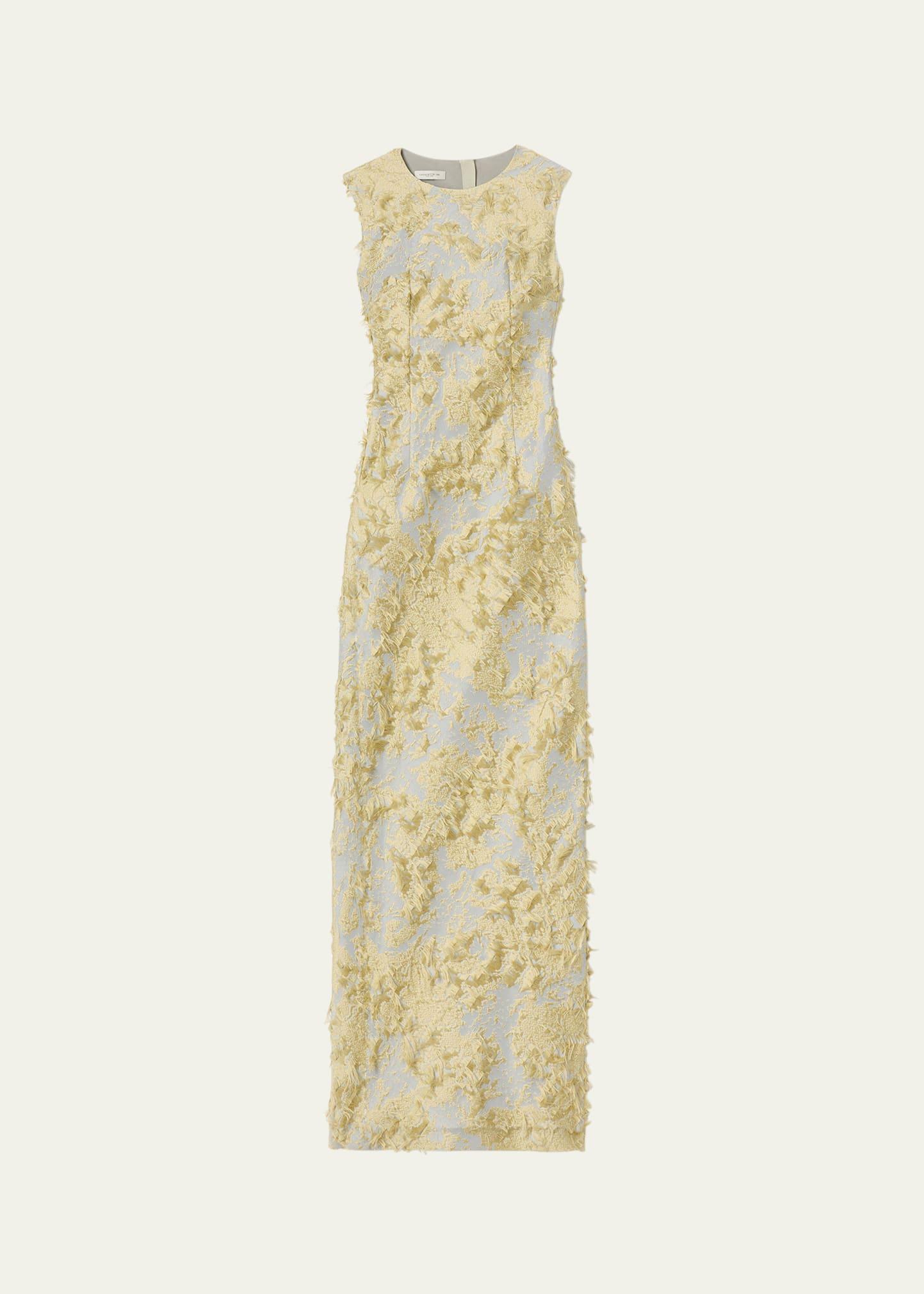 sleeveless metallic fringe jacquard gown