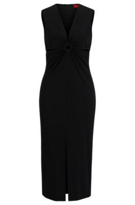 sleeveless midi dress with cut-outs and ring detail- black women's day dresses