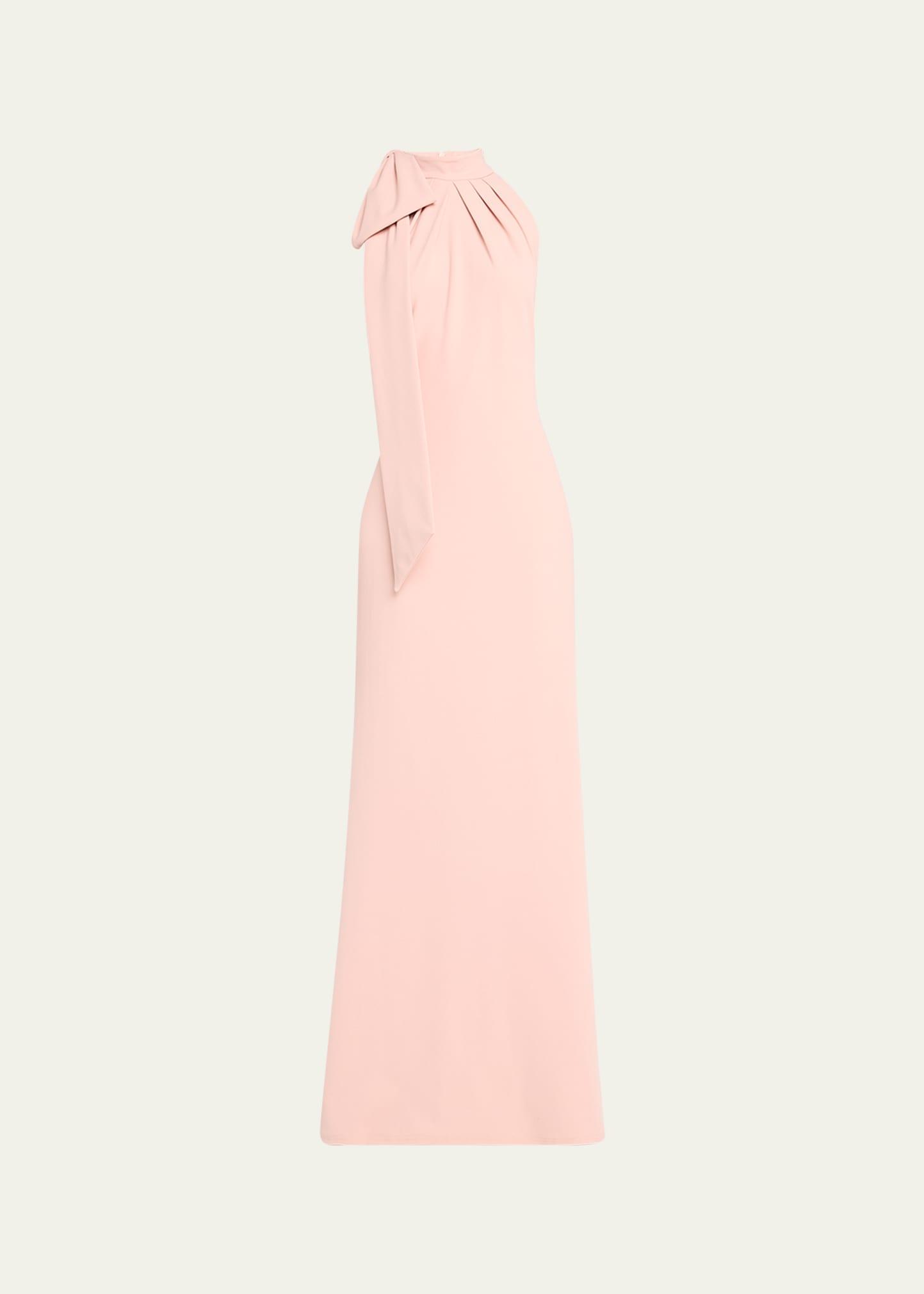 sleeveless mock-neck bow crepe gown