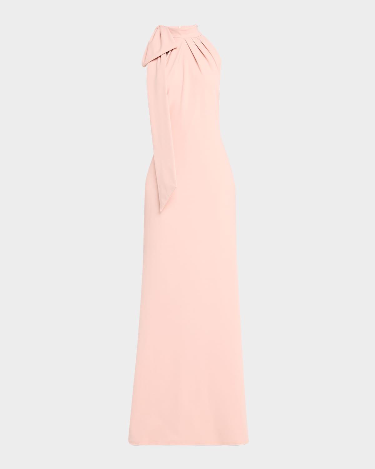 sleeveless mock-neck bow crepe gown