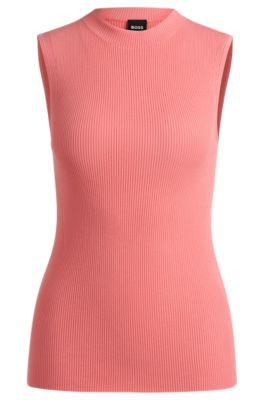 sleeveless mock-neck top in ribbed fabric- light purple women's business tops