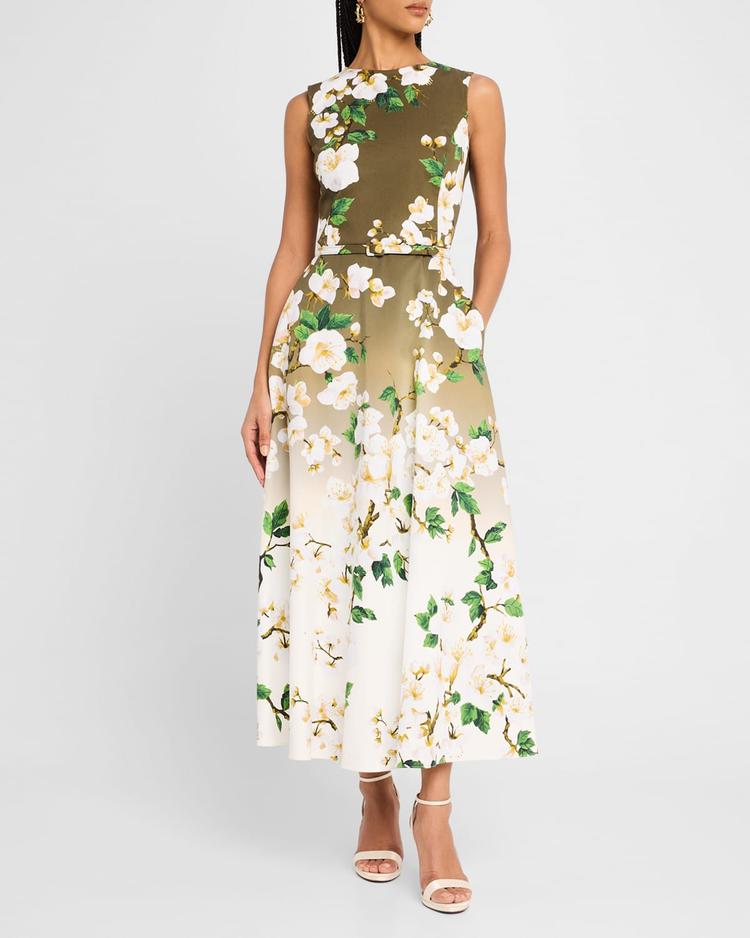 sleeveless ombre cherry blossom tea-length dress with belt