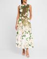 sleeveless ombre cherry blossom tea-length dress with belt