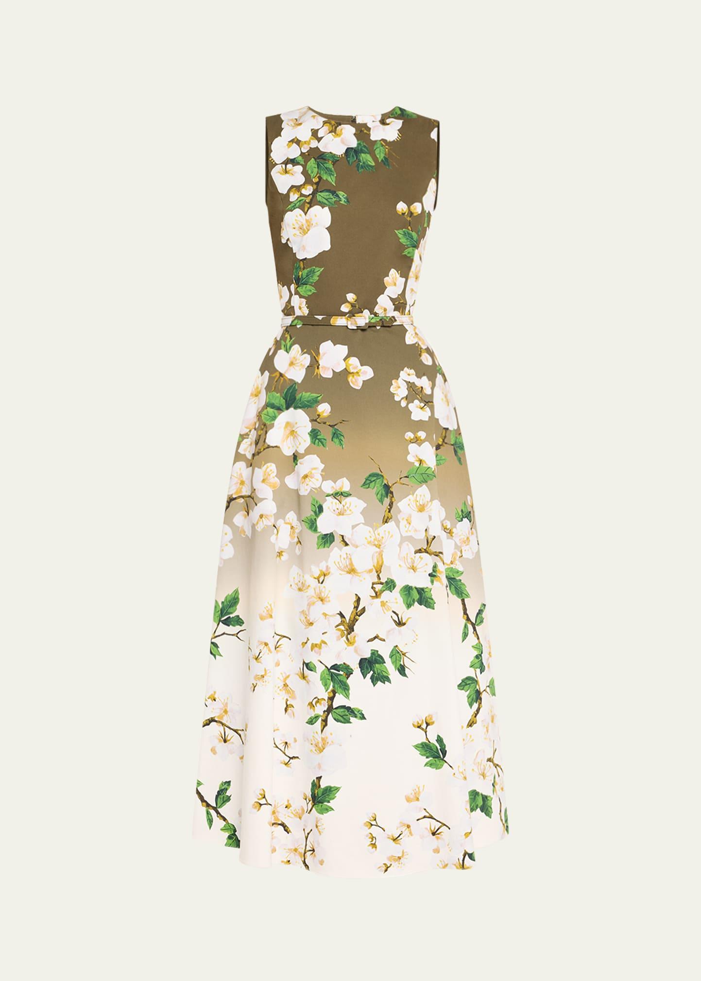 sleeveless ombre cherry blossom tea-length dress with belt