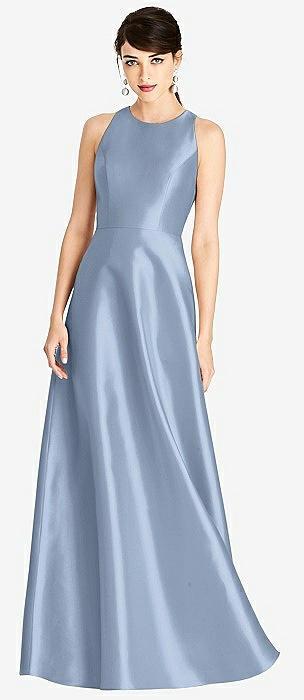 sleeveless open-back satin a-line dress