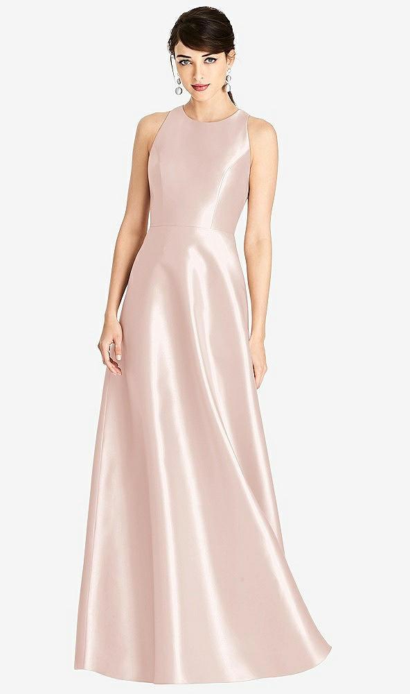 sleeveless open-back satin a-line dress