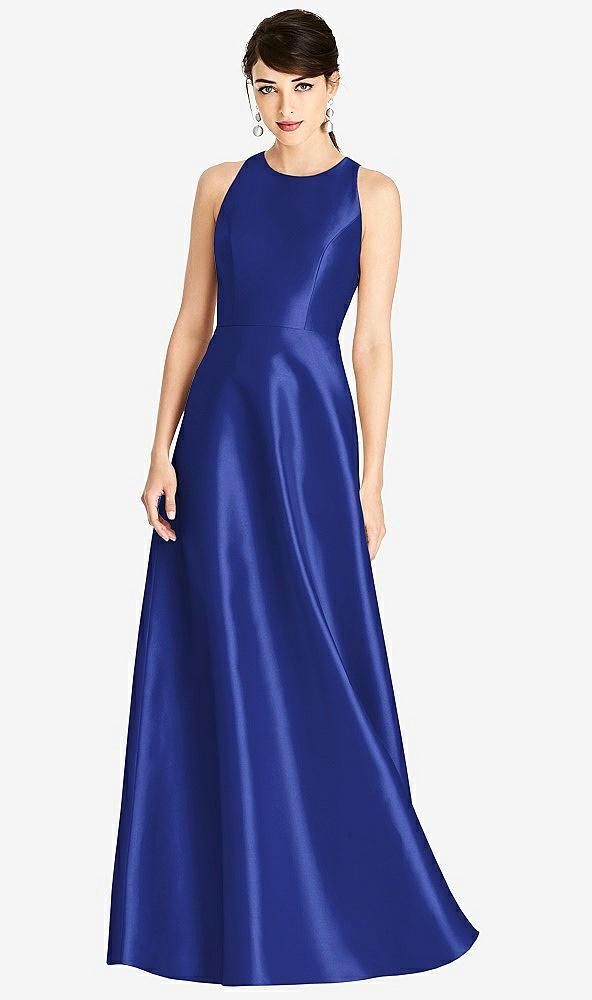 sleeveless open-back satin a-line dress