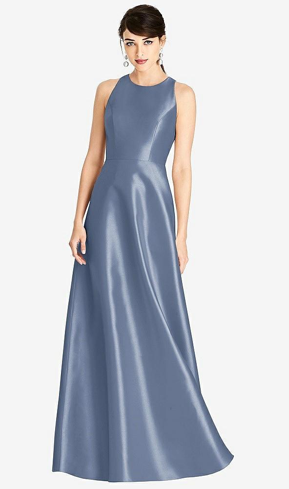 sleeveless open-back satin a-line dress