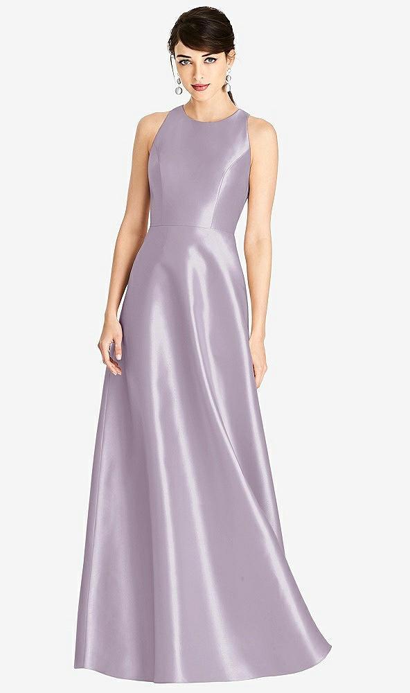 sleeveless open-back satin a-line dress