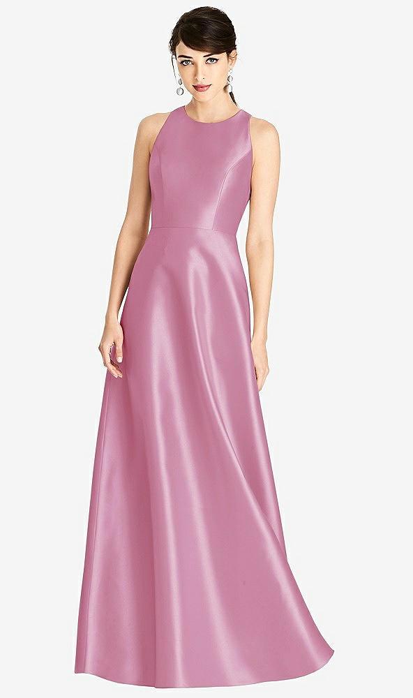 sleeveless open-back satin a-line dress