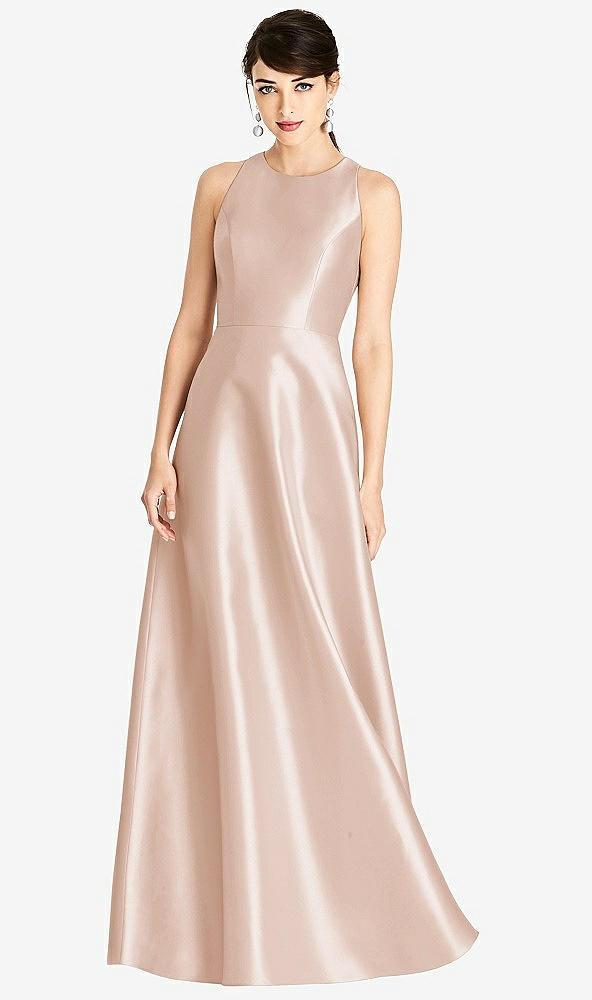 sleeveless open-back satin a-line dress