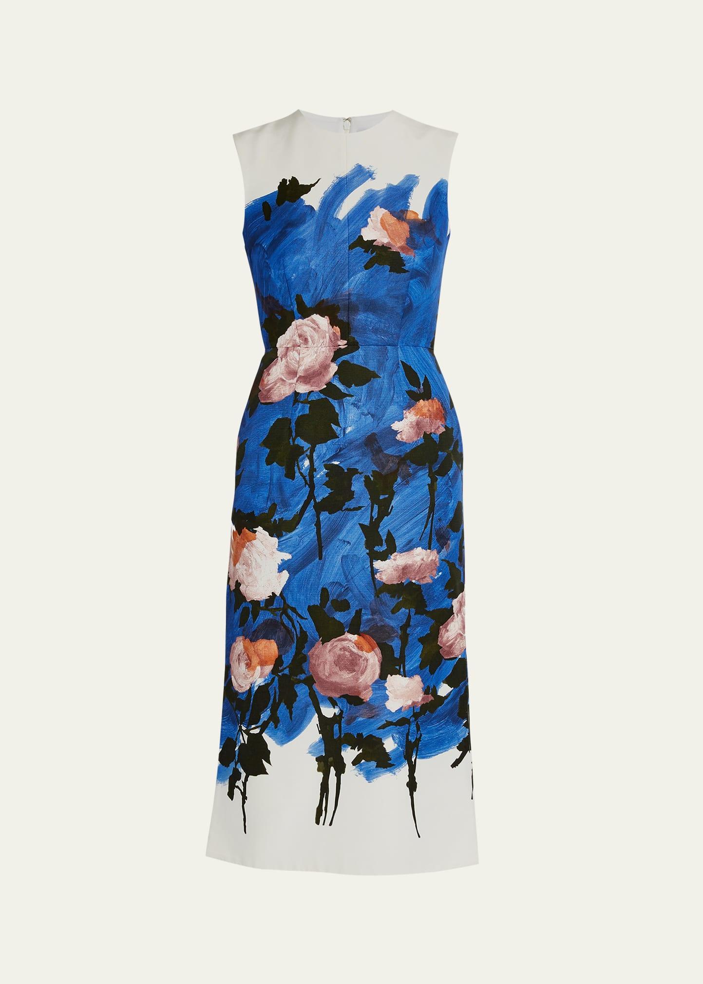 sleeveless painterly floral midi pencil dress