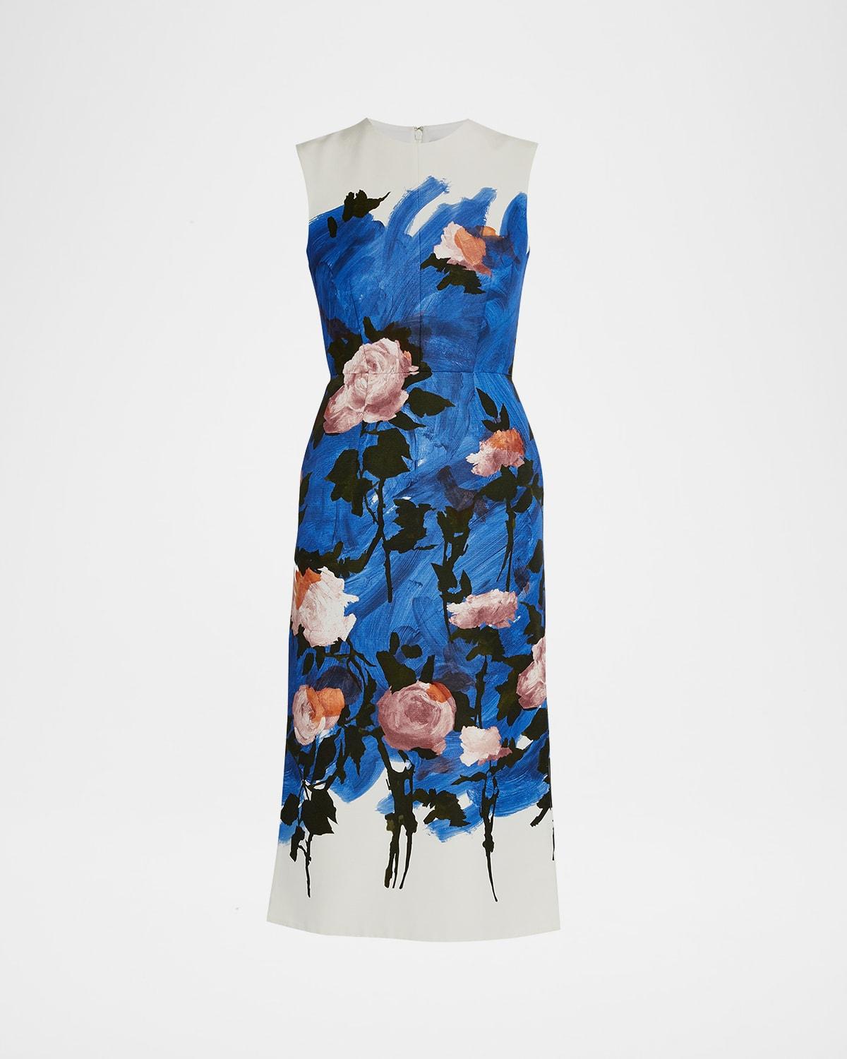 sleeveless painterly floral midi pencil dress