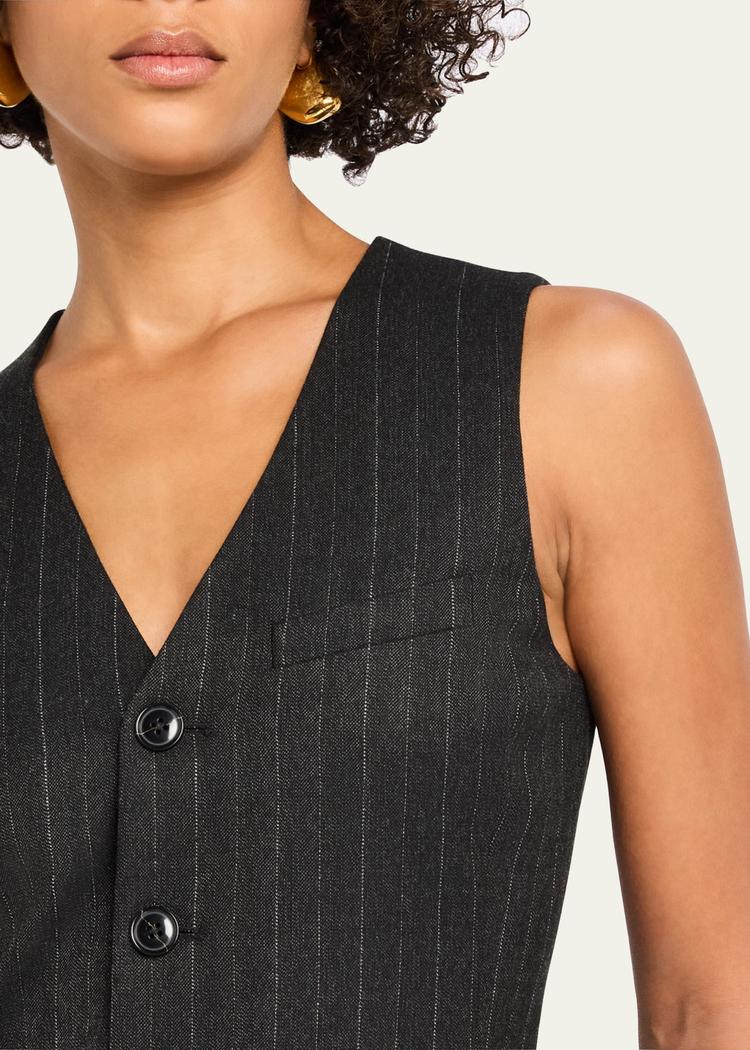 sleeveless pinstripe suiting dress