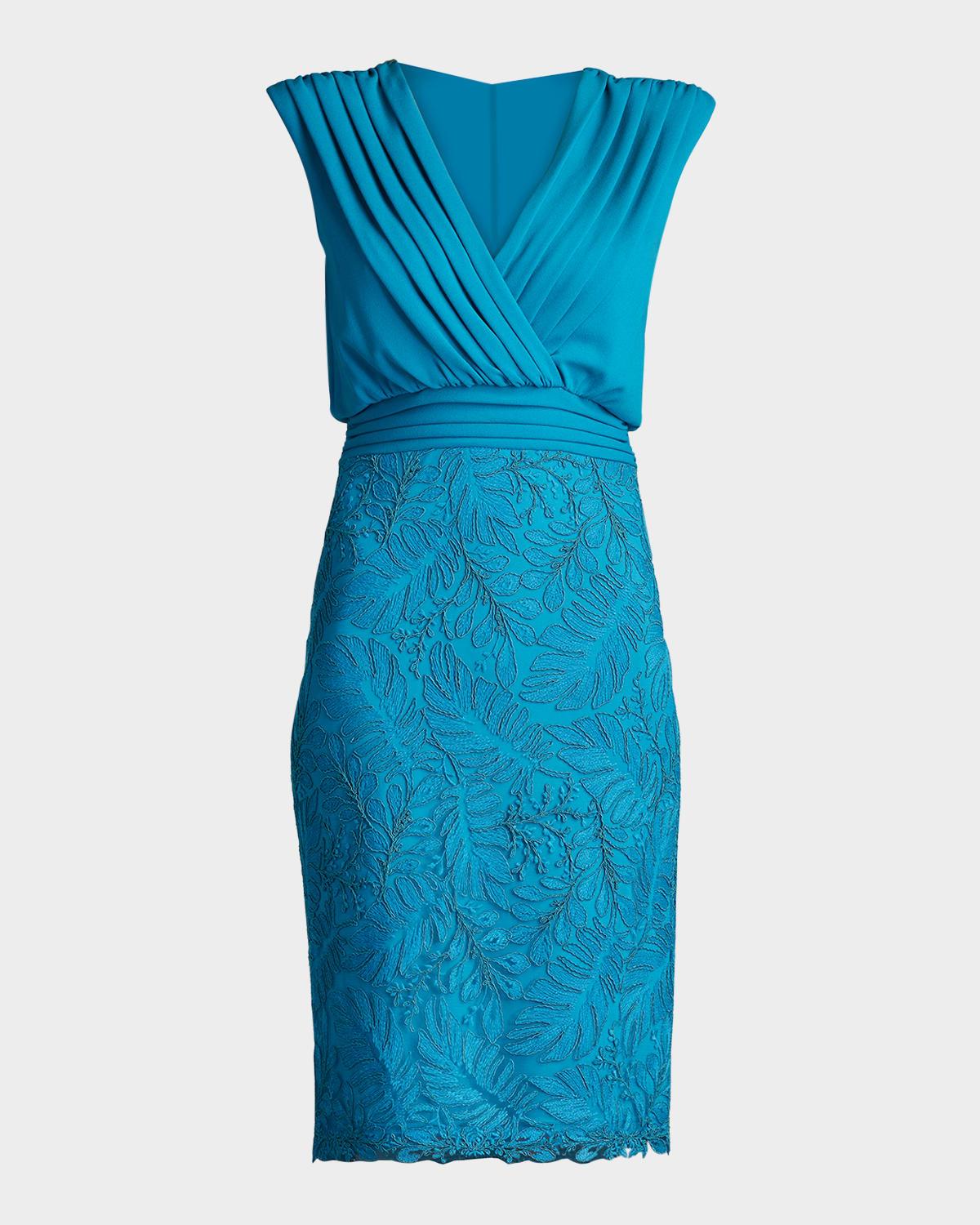 sleeveless pleated crepe & lace dress