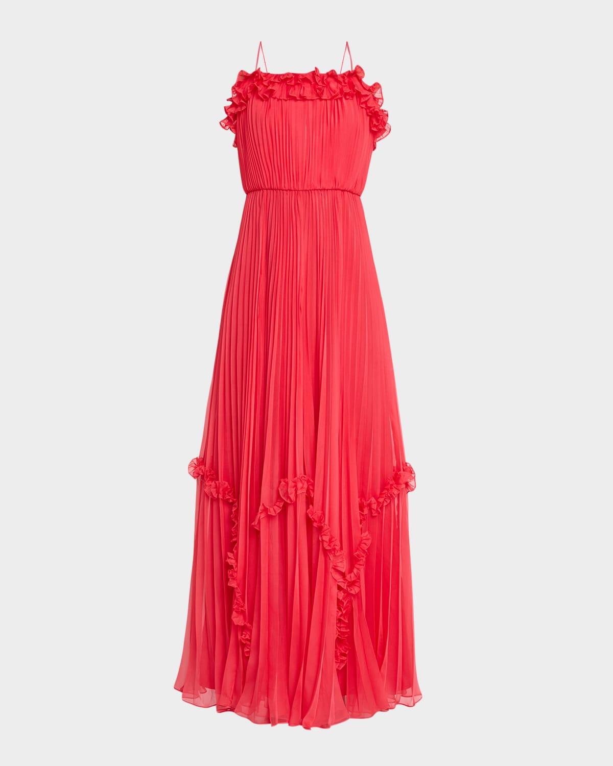 sleeveless pleated ruffle-trim gown