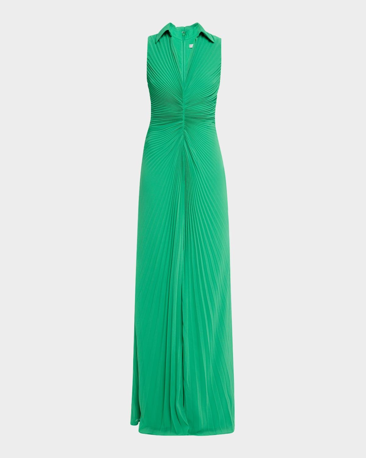 sleeveless pleated shirt-collar gown
