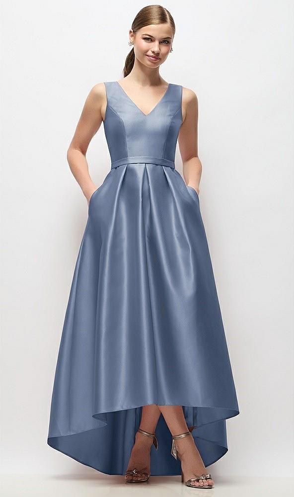 sleeveless pleated skirt high low dress with pockets