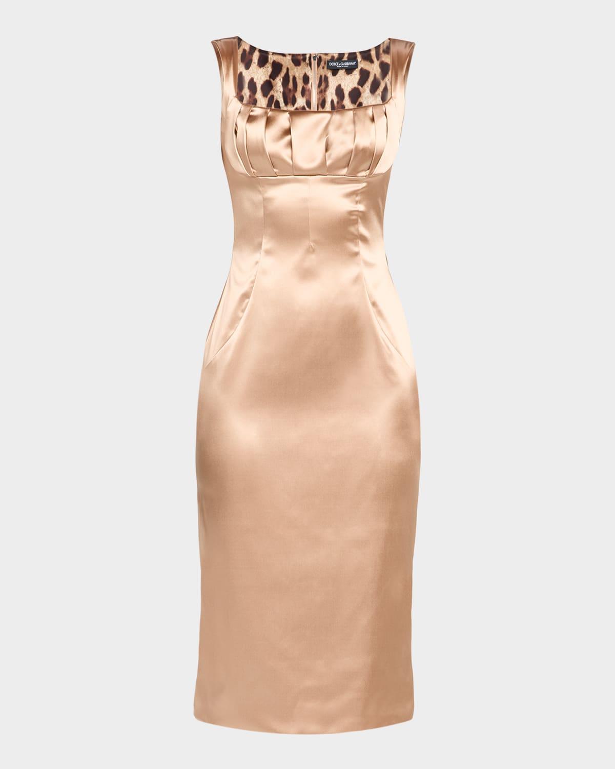 sleeveless pleated stretch satin midi dress