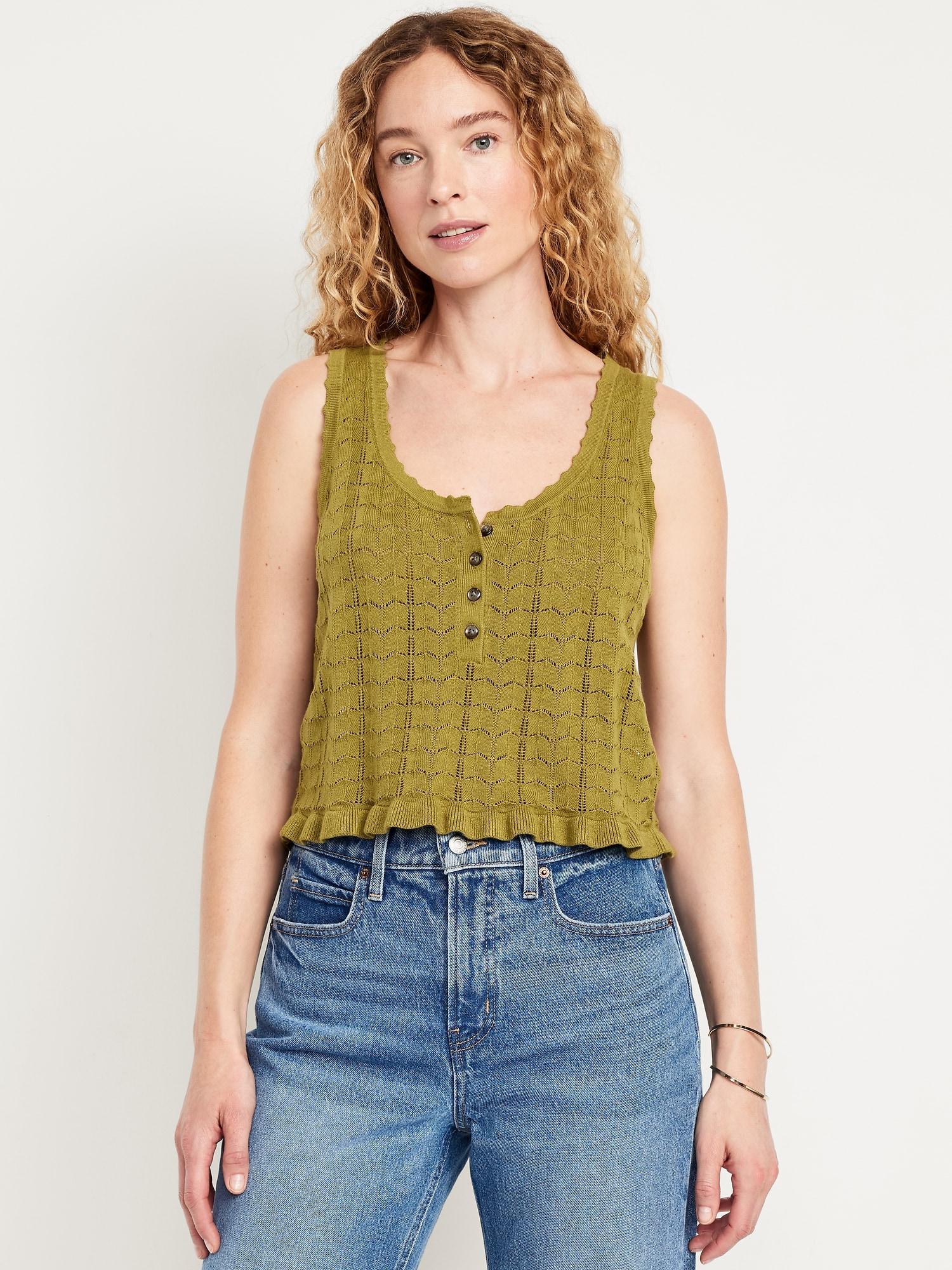 sleeveless pointelle cropped henley top