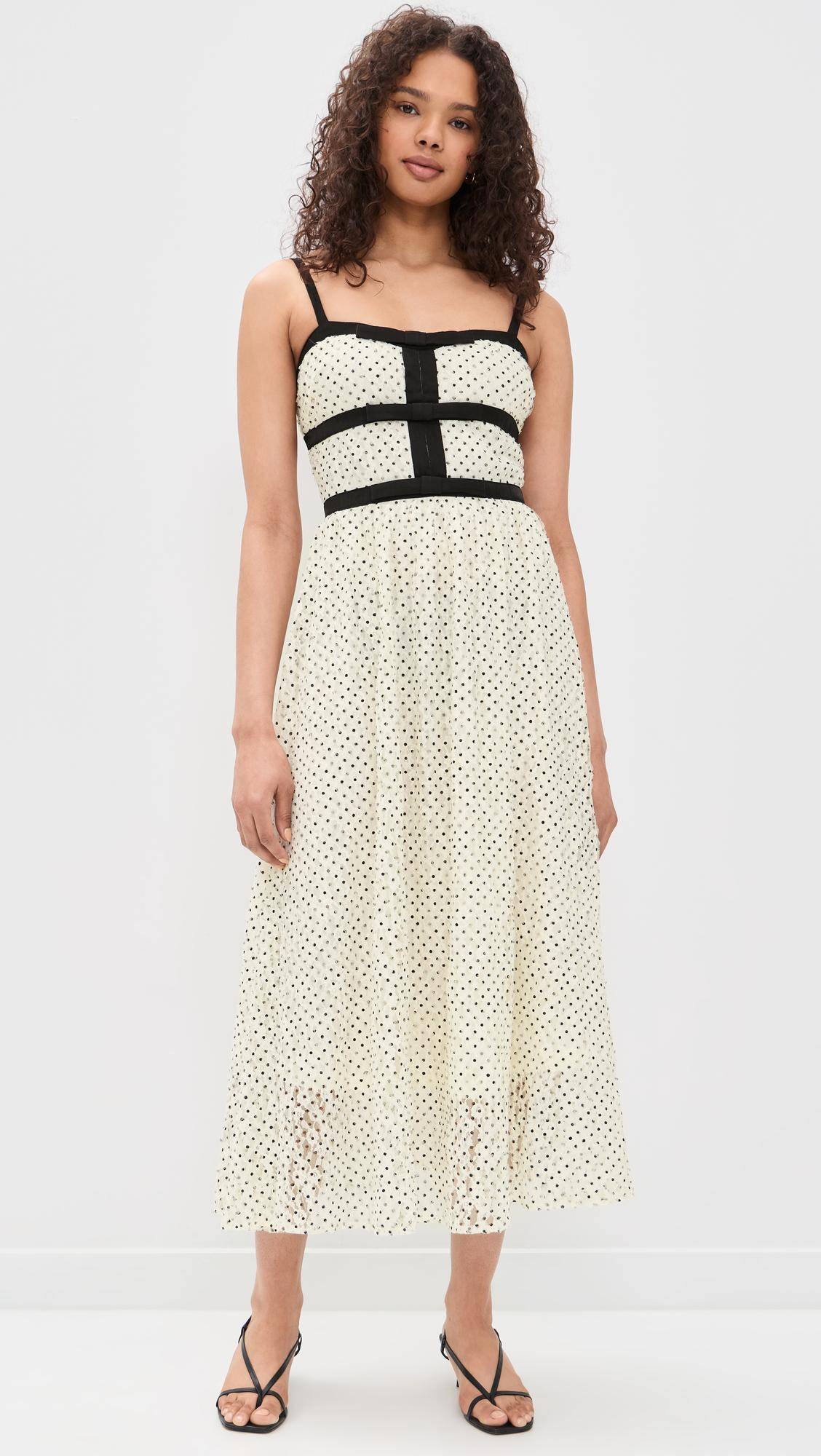 sleeveless polka dot print midi dress