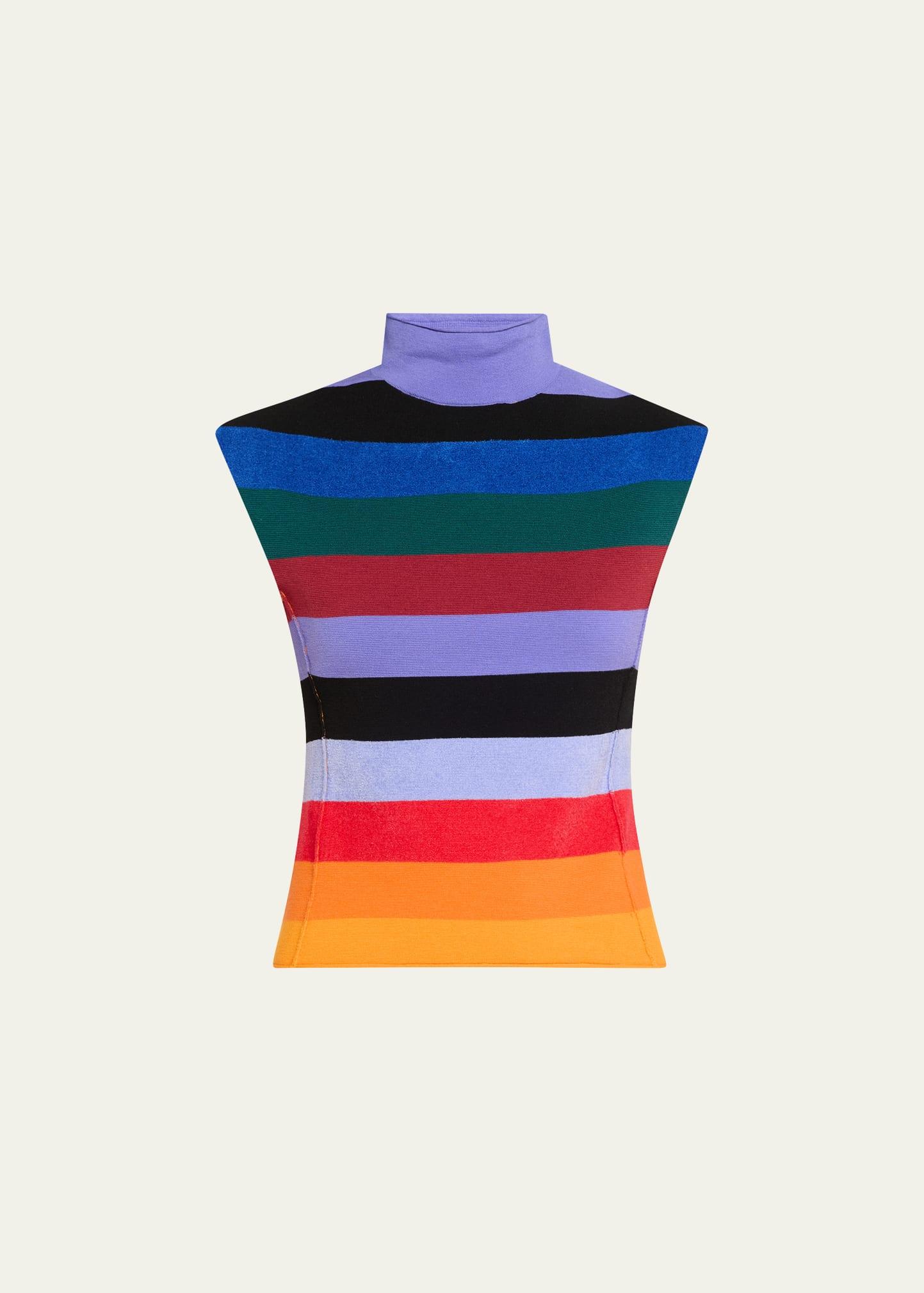 sleeveless rainbow striped mock neck wool top
