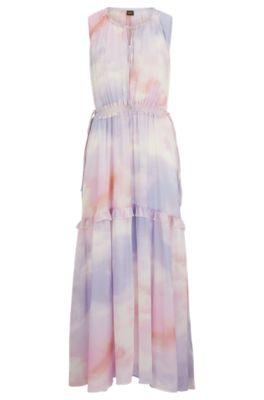 sleeveless regular-fit printed dress with frill trims- patterned women's day dresses