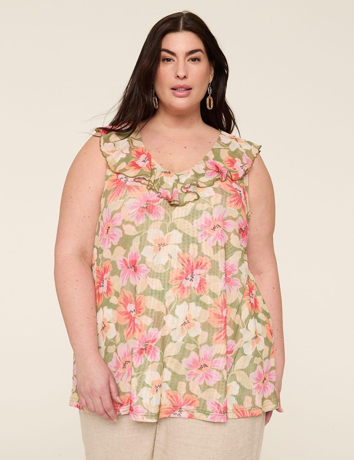 sleeveless ruffle v-neck mesh top