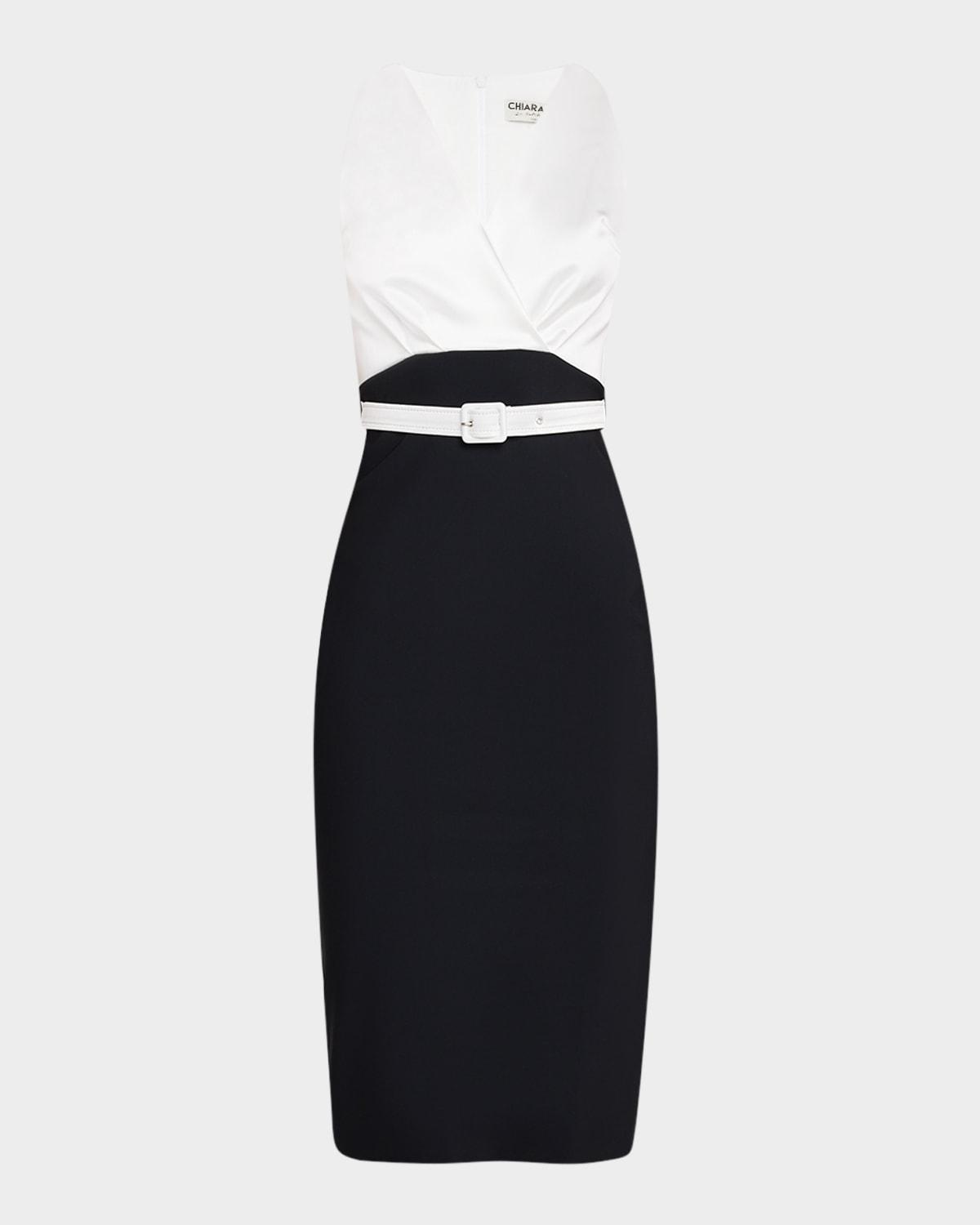 sleeveless satin & jersey bodycon dress