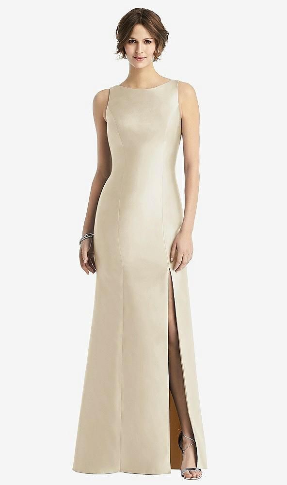 sleeveless satin trumpet gown with bow at open-back