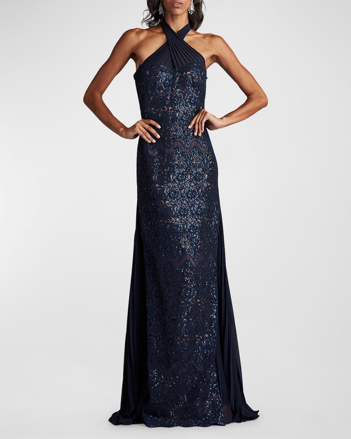 sleeveless sequin floral lace halter gown