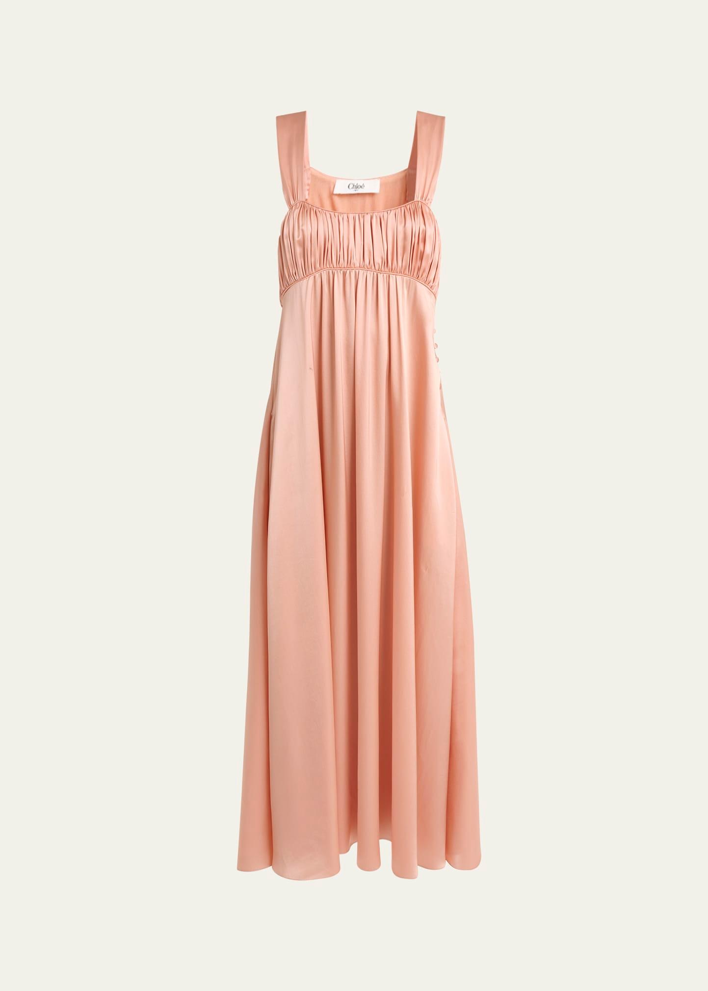 sleeveless shirred silk satin midi dress